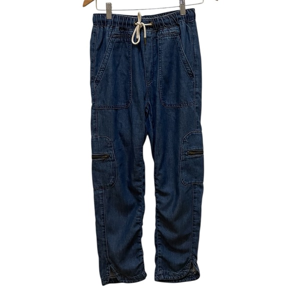 Anthropologie Pilcro Cottage Utility Cargo Blue Chambray Denim Drawstring Pants - Picture 3 of 16